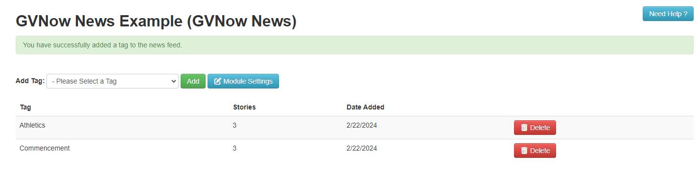 GVNow News settings example in the CMS